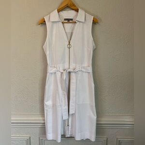SHARAGANO NWOT White Gold zip front/waist tie belted sleeveless shirt dress sz 8